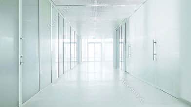Generative AI Empty corridor hallway of modern white office building room with glass entrance door business blur b