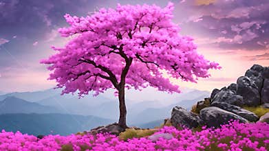 vibrant pink tree standing majestically on a peaceful hill, effortlessly blending natures splendor with artistic mastery