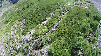 People stand near mountain brook at summer sunny