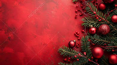 Festive Christmas Background with Red Ornaments and Green Pine Branches, Generative AI