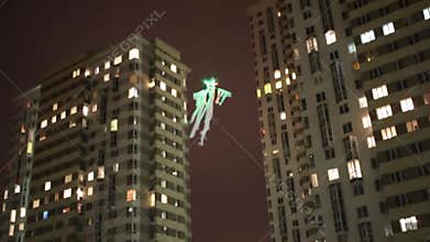 Flying illuminated helicopter ghost at night near