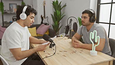 Two men podcasting indoors with microphones, headphones, and a neon sign