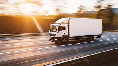 white cargo truck driving on highway at sunset. freight transportation
