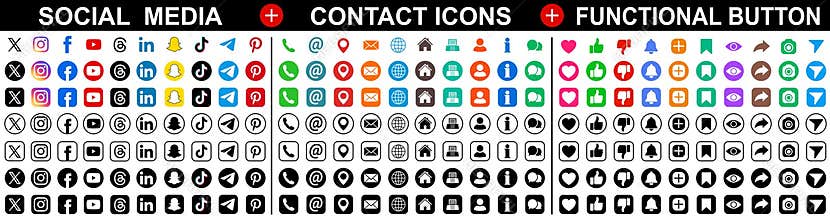 Social media logo icons set. Functional buttons collection. Facebook, instagram, youtube, whatsapp, tiktok. Contact us icon set.