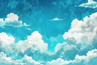 A blue sky with clouds and cartoon faces