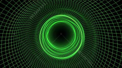 Seamless loop animation of abstract wavy tunnel made of green technological grid with bright glow effect