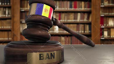 Andorra Flag on Judge Gavel or Hammer in Court with Word Ban. National Ban Concept