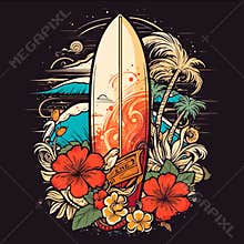 Summer beach sticker with a surfer theme. Emblem with sea wave surfboard and palm tree