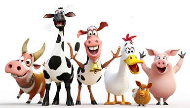 Group of cartoon farm animals including a cow, pig, and chicken. Concept of fun and farm life by AI generated image