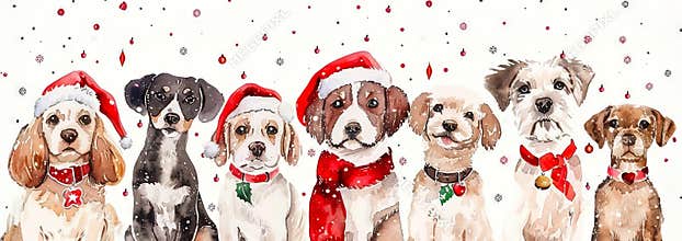 Festive Holiday Dogs in Santa Hats, Christmas Pet Portrait. Cute Canine Group. Winter Celebration. Watercolor
