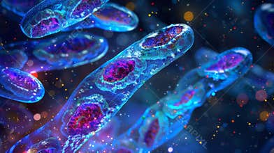 A microscopic view of gene therapy in action with fluorescent tags highlighting the uptake of the theutic gene by cells
