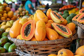A basket full of ripe papayas on display at a local market, surrounded by other tropical fruits and a bustling