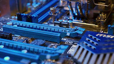 Modern motherboard close up. Building personal gaming pc. Minsk, Belarus - April 7, 2024
