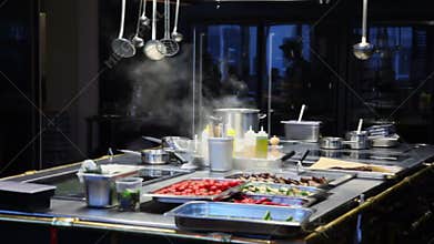 Smoke fumes above vegetables and kitchen utensils