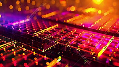 A microphotograph of the chips quantum bits arranged in a precise grid with the distinct glow of quantum entanglement