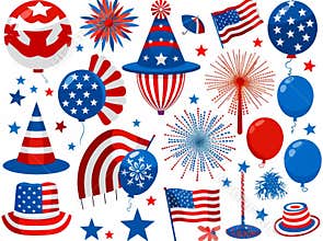 Fourth of July festive icons with American flag, balloons, and fireworks clipart
