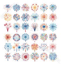 Salute colored icons vector set. Fireworks splashes petards light festival festive sparkles party flares, illustration