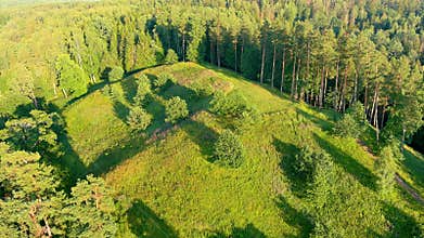 Scenic aerial view of Stirniai mound. Neris Regional Park, Vilnius, Lithuania.