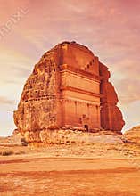 Tomb Lihyan Son of Kuza, Lonely Castle or Qasr al-Farid at Hegra, Saudia Arabia - most popular landmark in Mada\'in Salih