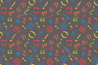 A simple set of chalk doodles. Hand drawn on a dark background. Seamless pattern without borders. Textile. Question, hash, comma