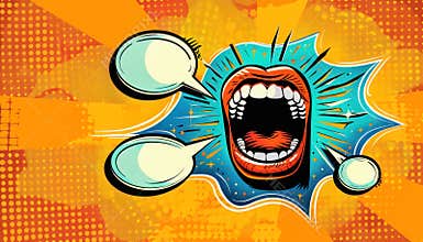 A colorful comic book depiction showing a womans mouth with speech bubbles surrounding it