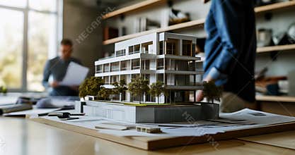 scale model of modern apartment building complex in architect office. sustainable housing