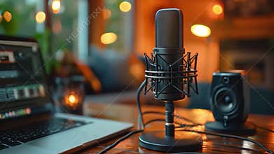 Close-up of a microphone, laptop, and speaker in a home recording studio