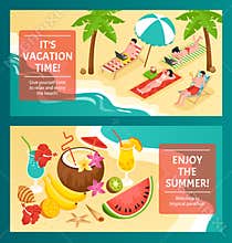 Isometric summer beach horizontal banner set