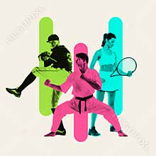 Baseball, tennis and karate athletes, men and women showing skills and determination isolated on white background.