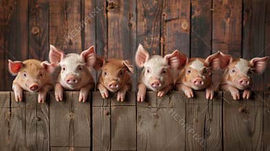Cute piglets lined up over wooden fence, farm animals concept