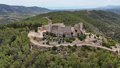 Aerial panorama view of Alcala de Xivert medieval Templar knight castle ruins