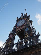 close-up of the historic Eastgate Clock on the city walls in the historic city of Chester in the UK