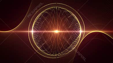 Golden energy ball made of glowing lines with bright shine effect on a dark background