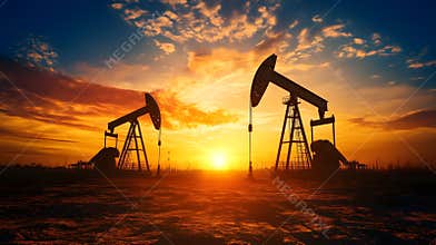 Silhouetted oil pumps against a vibrant sunset, showcasing the energy industry and natural resource extraction in a striking