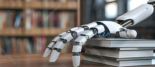 In the library, an advanced AI android is engrossed in reading a multitude of books AIG62