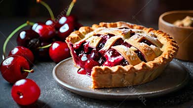 Hot cherry pie, cake with cherries with steam, tasty, soft and delicious.