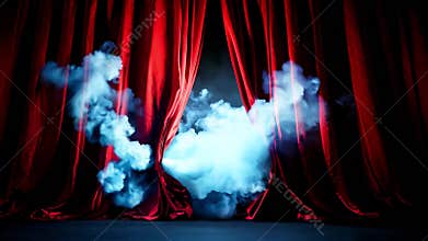 Scene with Red Curtains and Mysterious Smoky Atmosphere