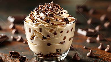 Creamy dessert in a glass with chocolate shavings, gourmet treat. Indulgence and sweet cravings concept
