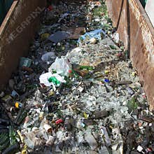 Glass bottles lie in a landfill