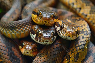A group of snakes entwined in a pile engage in a mysterious encounter in the wild, showcasing their natural behaviors