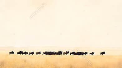 A serene panoramic view of a herd of wildebeest migrating across a vast savanna