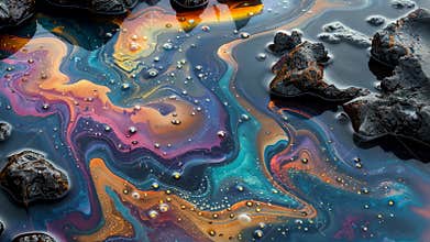 Colorful oil spill patterns on water surface, pollution and environmental concept