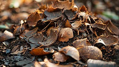Coconut peel heap in natural setting during a bright afternoon in a tropical environment