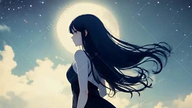 Moonlit Reverie: Anime Girl in the Night Sky