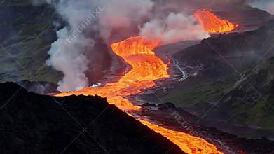 aerial drone erupting volcano mountain with a fiery explosion, Generative AI.