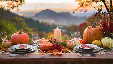 Table set Halloween and thanksgiving beautiful decoration of pumpkins, candles, autumn leaves against the backdrop the mountains