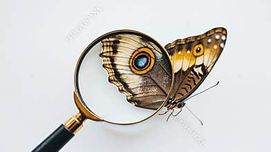 Magnifying Glass and Butterfly,Close-up of a Beautiful Butterfly on a Magnifying Glass with Stunning Wings and Blue Spot