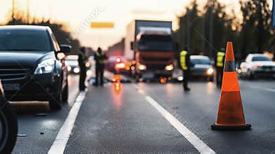 Traffic cone placed on a road during a sunset, marking a scene of a car accident. Blurred background shows police