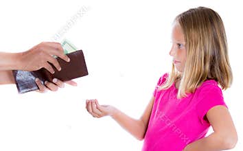 Adorable girl demanding money for allowance, guy pulls out money from wallet to give her