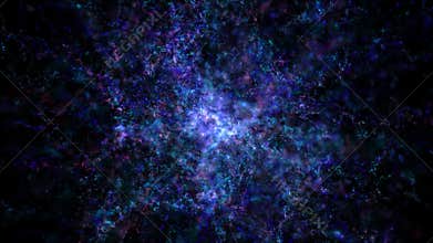 Cloud of moving glowing digital particles appears and disappears on black background